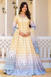 Hand work pure soft dola silk designer Gown Dress with digital print.